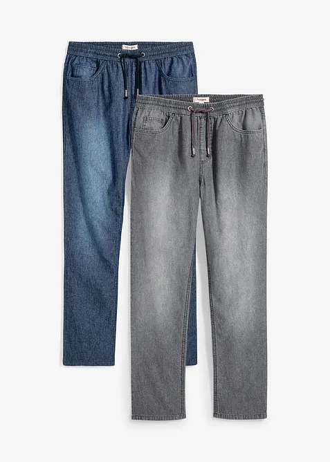 Lot de 2 jeans classiques &agrave; taille &eacute;lastiqu&eacute;e en denim estival, bonprix