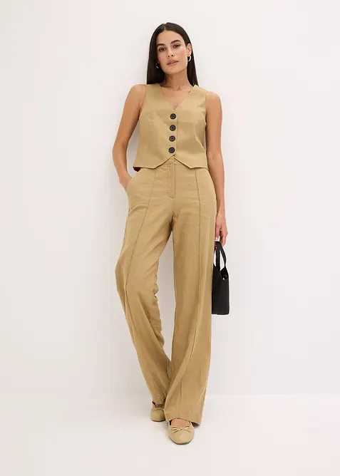 Pantalon taille haute à pinces en lin majoritaire, bonprix