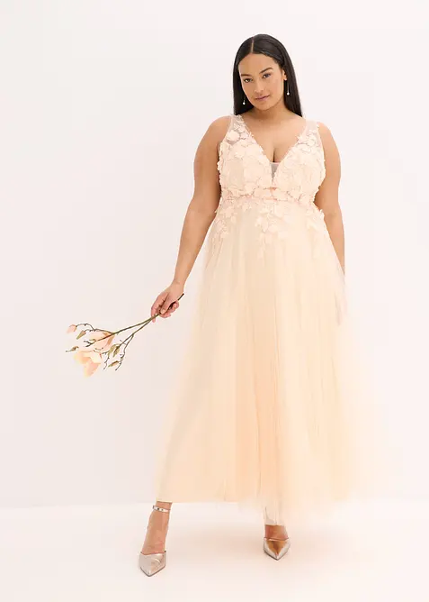 Robe longue en tulle fin avec fleurs appliquées, bonprix