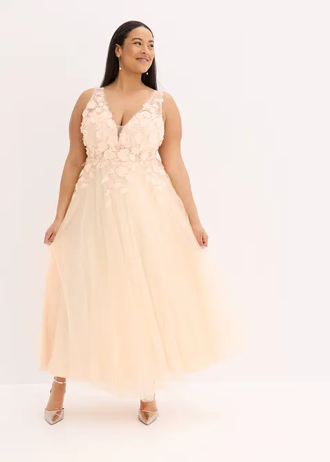 Robe longue en tulle fin avec fleurs appliquées, bonprix