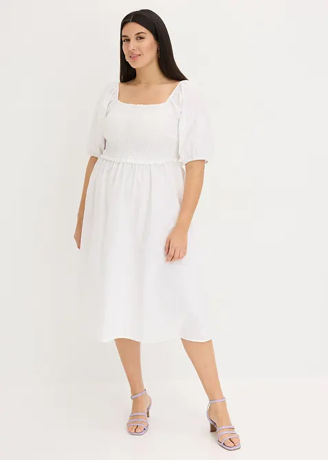 Robe midi à manches bouffantes et haut smocké, bonprix