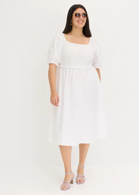 Robe midi à manches bouffantes et haut smocké, bonprix