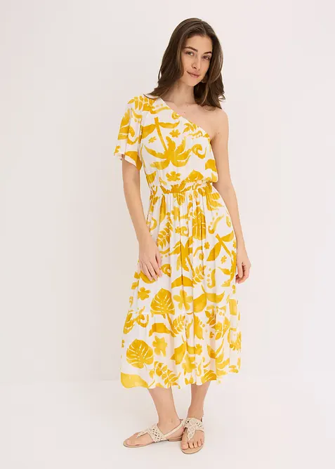 Robe asymétrique imprimée en viscose texturée, bonprix