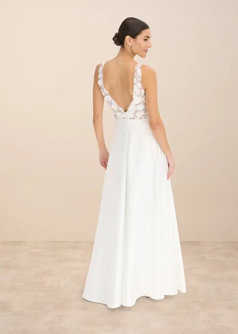 Robe de mariée en satin brillant avec application de fleurs, bonprix
