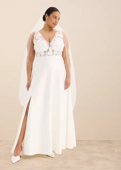 Robe de mariée en satin brillant avec application de fleurs, bonprix