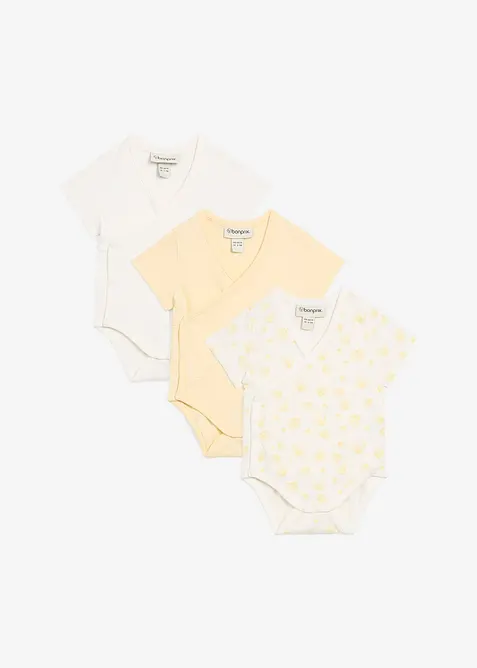 Lot de 3 bodies bébé croisés manches courtes, 100% coton, bonprix