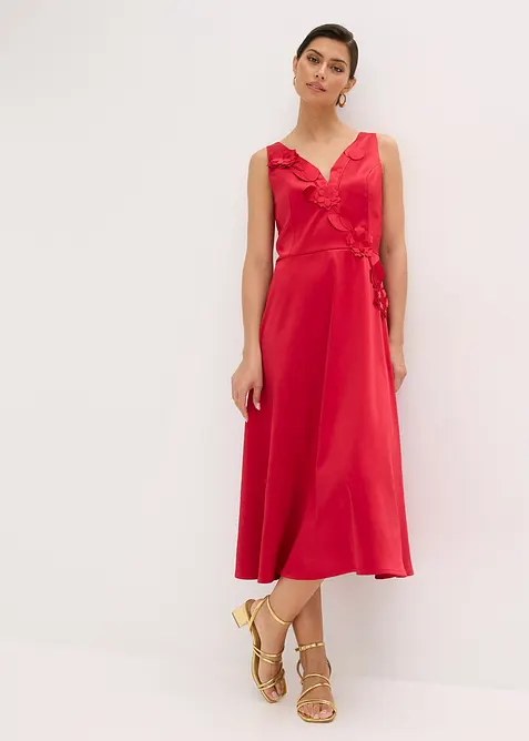 Robe midi en satin brillant avec fleurs appliqu&eacute;es, bonprix