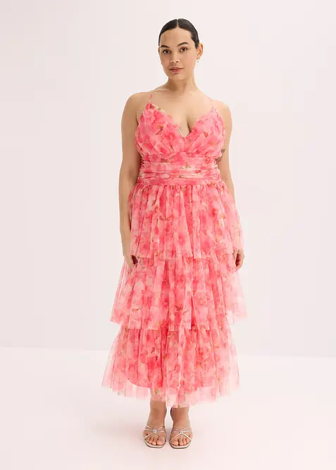 Robe midi en tulle fin à volants, bonprix