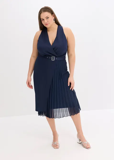 Robe midi aspect portefeuille à empiècement plissé, bonprix