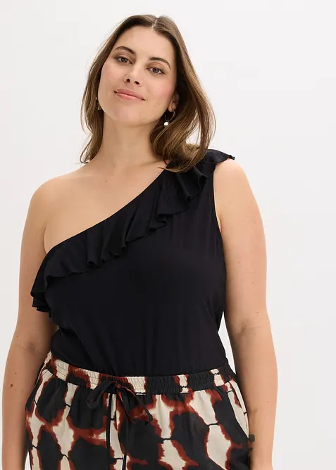 Top asym&eacute;trique avec volant en viscose douce et extensible, bonprix