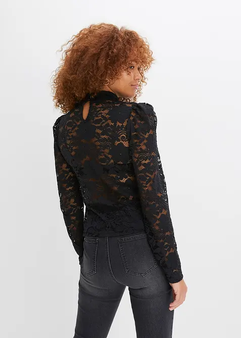 T-shirt manches longues cintr&eacute; en dentelle, bonprix