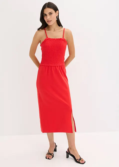 Robe midi en jersey avec empiècement smocké et fente, bonprix