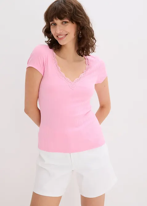 Lot de 2 T-shirts côtelés avec détail en dentelle, bonprix