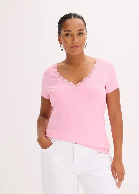 Lot de 2 T-shirts côtelés avec détail en dentelle, bonprix