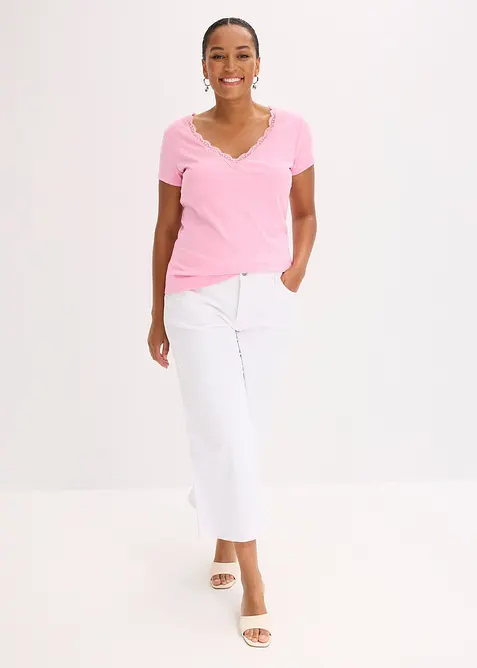 Lot de 2 T-shirts côtelés avec détail en dentelle, bonprix