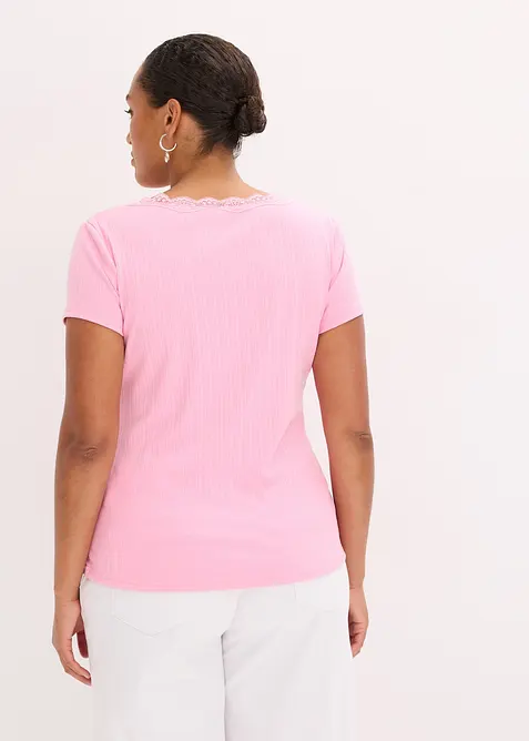 Lot de 2 T-shirts côtelés avec détail en dentelle, bonprix