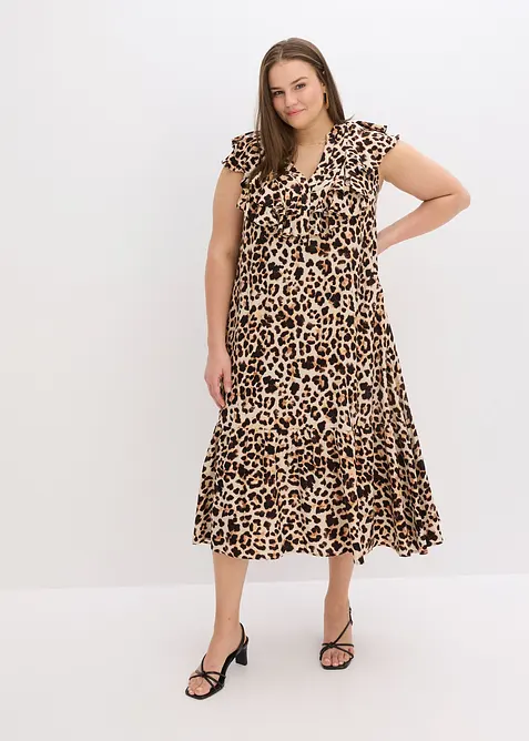 Robe midi avec volants en cr&ecirc;pe textur&eacute;, bonprix