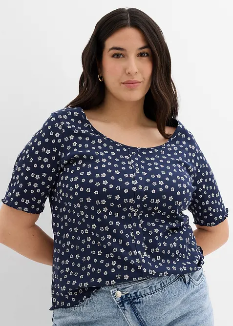 T-shirt côtelé à imprimé floral, manches coude, bonprix
