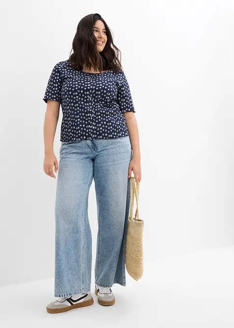 T-shirt côtelé à imprimé floral, manches coude, bonprix