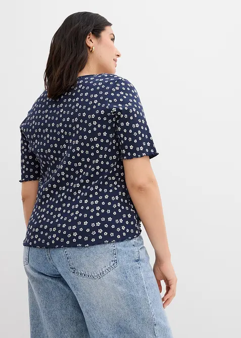 T-shirt côtelé à imprimé floral, manches coude, bonprix