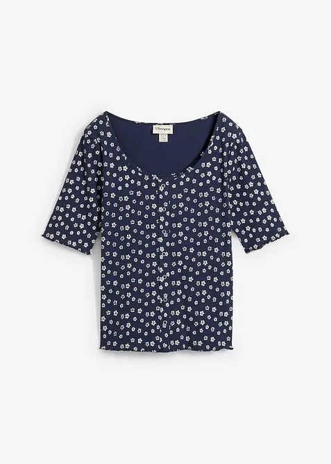 T-shirt côtelé à imprimé floral, manches coude, bonprix