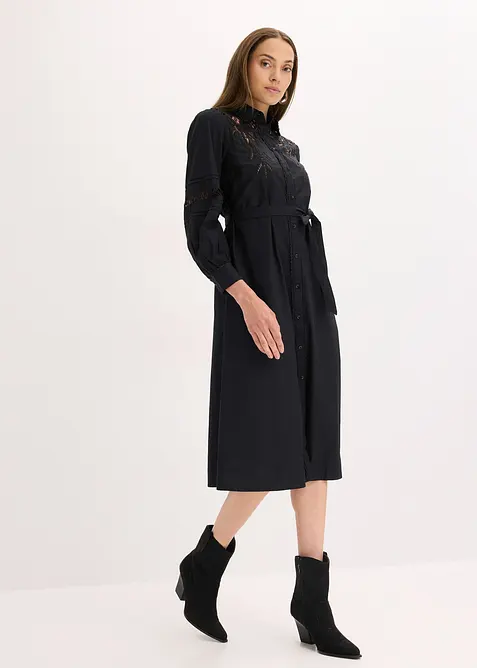 Robe midi en coton avec empiècement dentelle, bonprix