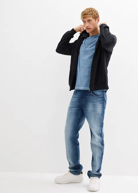 T-shirt manches longues d&eacute;lav&eacute; col tunisien, 100% coton, bonprix