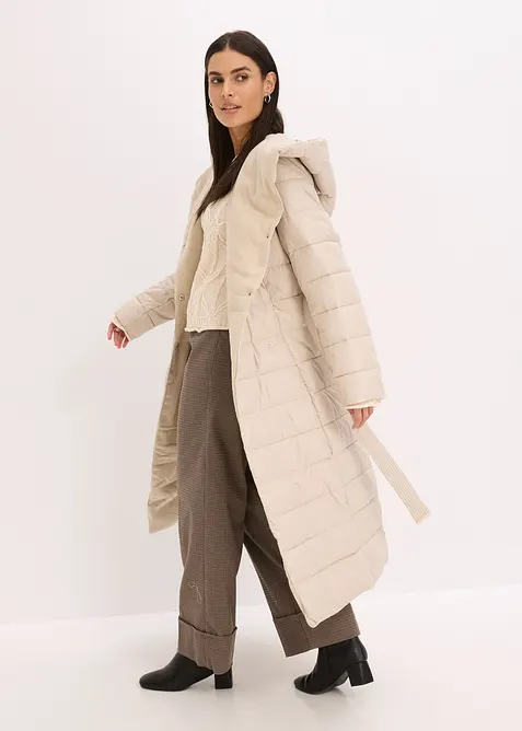 Doudoune longue et d&eacute;perlante avec empi&egrave;cement aspect laine et ceinture &agrave; nouer, bonprix