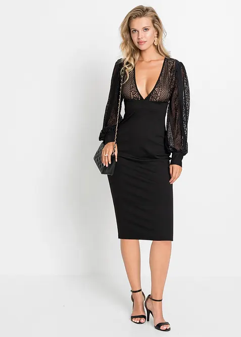 Robe midi près du corps rehaussée de dentelle, bonprix