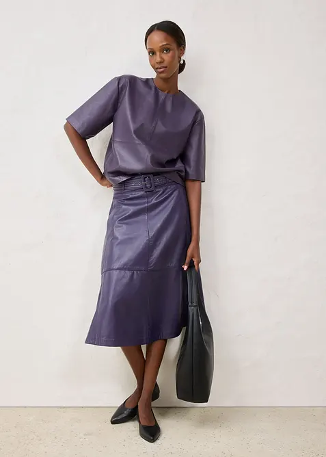 Jupe en cuir d’agneau nappa avec ceinture (ens. 2 pces), bonprix