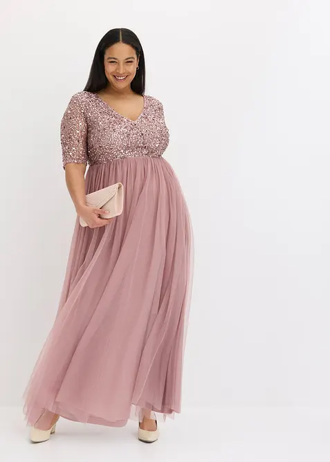 Robe de soir&eacute;e en tulle avec haut brod&eacute; de sequins, bonprix