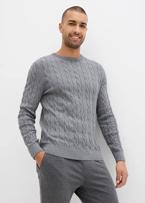 Pull doux à torsades en fine maille de coton majoritaire, slim, bonprix