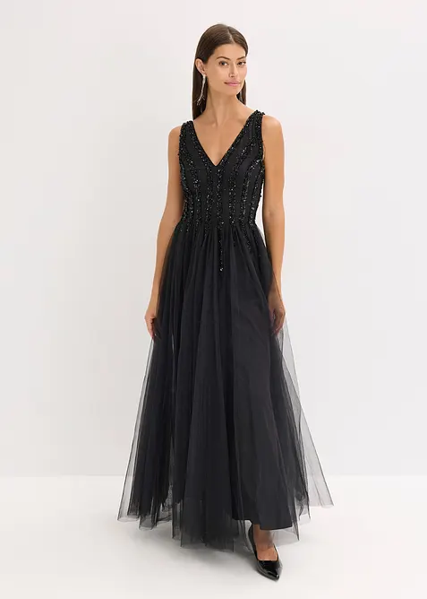 Robe longue en tulle fin avec sequins brodés, bonprix