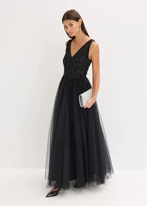 Robe longue en tulle fin avec sequins brodés, bonprix
