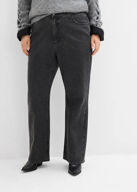 Jean droit loose, taille haute élastiquée avec strass, bonprix