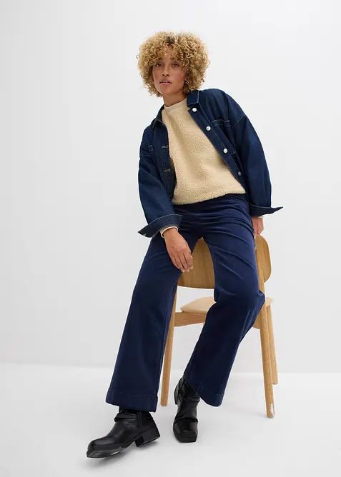 Pantalon large en velours côtelé, taille haute, bonprix