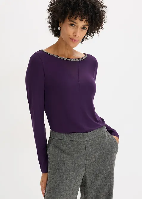 T-shirt manches longues avec empiècement mesh et strass, bonprix