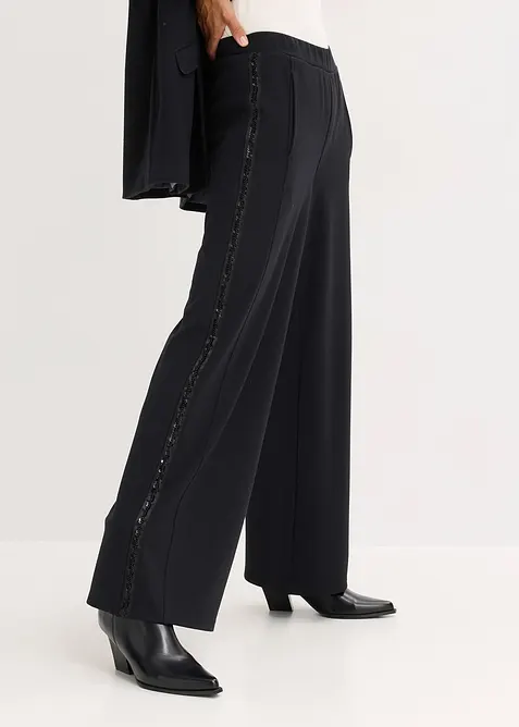 Pantalon en Punto di Roma avec taille élastiquée et strass, bonprix