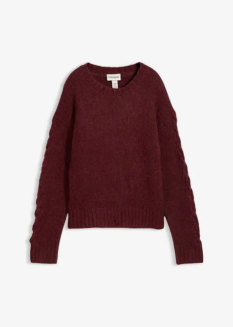 Pull boxy avec motif tressé sur les manches, bonprix