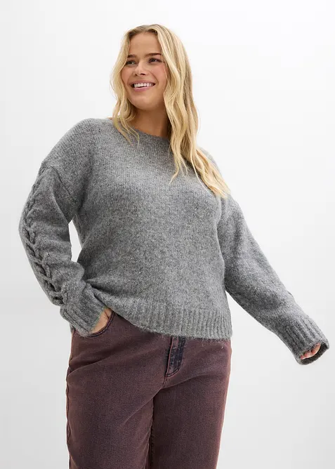 Pull boxy avec motif tressé sur les manches, bonprix