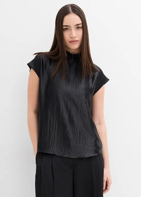 Blouse sans manches en satin, col légèrement montant, bonprix