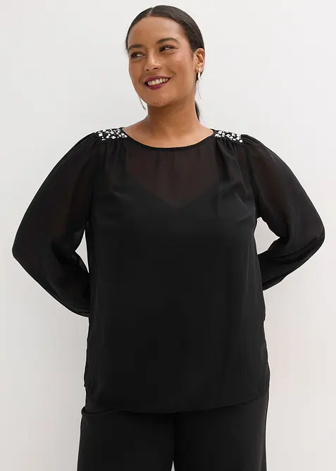 Blouse en mousseline avec strass sur les épaules, bonprix
