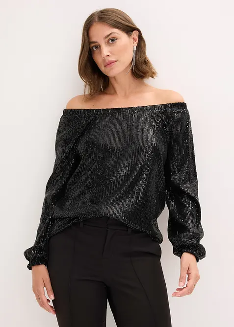 T-shirt oversize à sequins encolure Bardot, bonprix