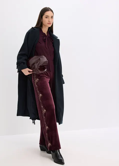 Pantalon large en velours doux avec empiècement dentelle, bonprix