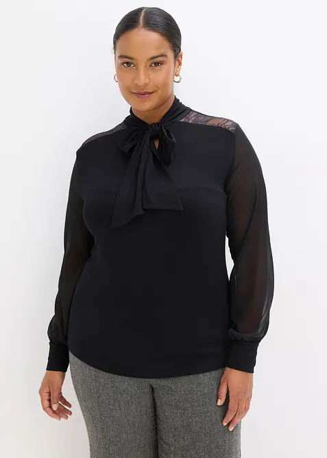 T-shirt manches longues avec dentelle et col lavallière, bonprix