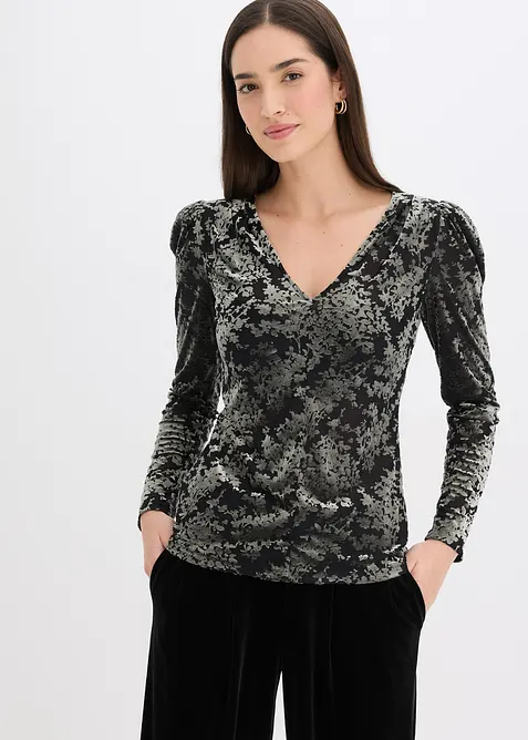 T-shirt manches longues en velours d&eacute;vor&eacute;, bonprix