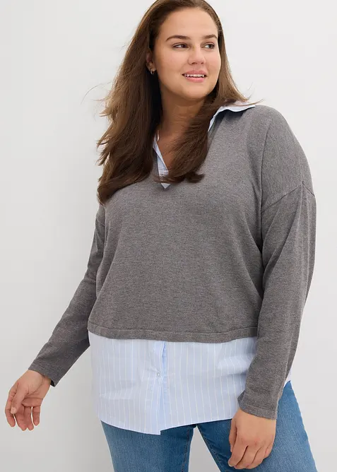 Pull en fine maille empiècement chemisier, bonprix