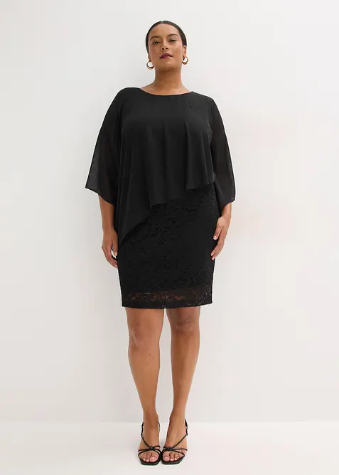 Robe courte en dentelle avec drap&eacute; en mousseline, bonprix