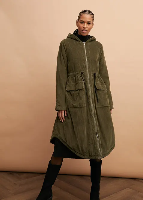 Manteau en velours côtelé 100% coton avec capuche doublée sherpa, bonprix