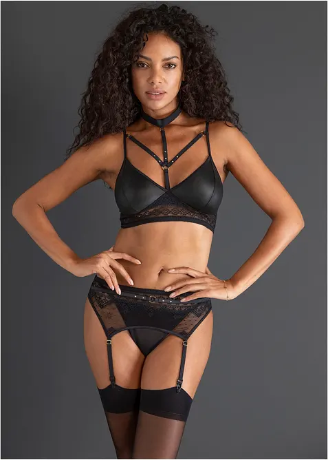 Brassière, string, porte-jarretelles wetlook (ens. 3 pces), bonprix